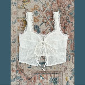 White Eyelet Tie Front Top with Lace Detail
